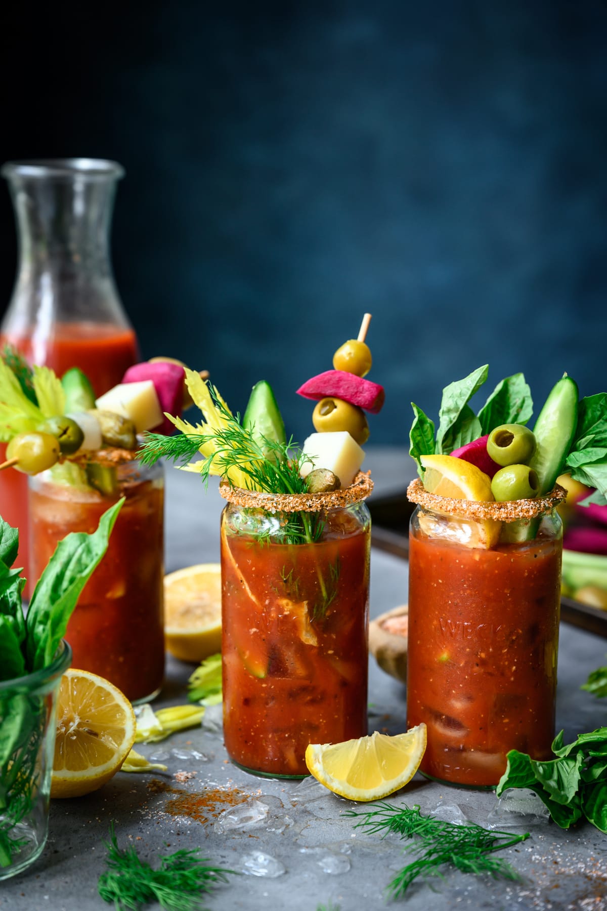 side view of bloody mary bar with toppings