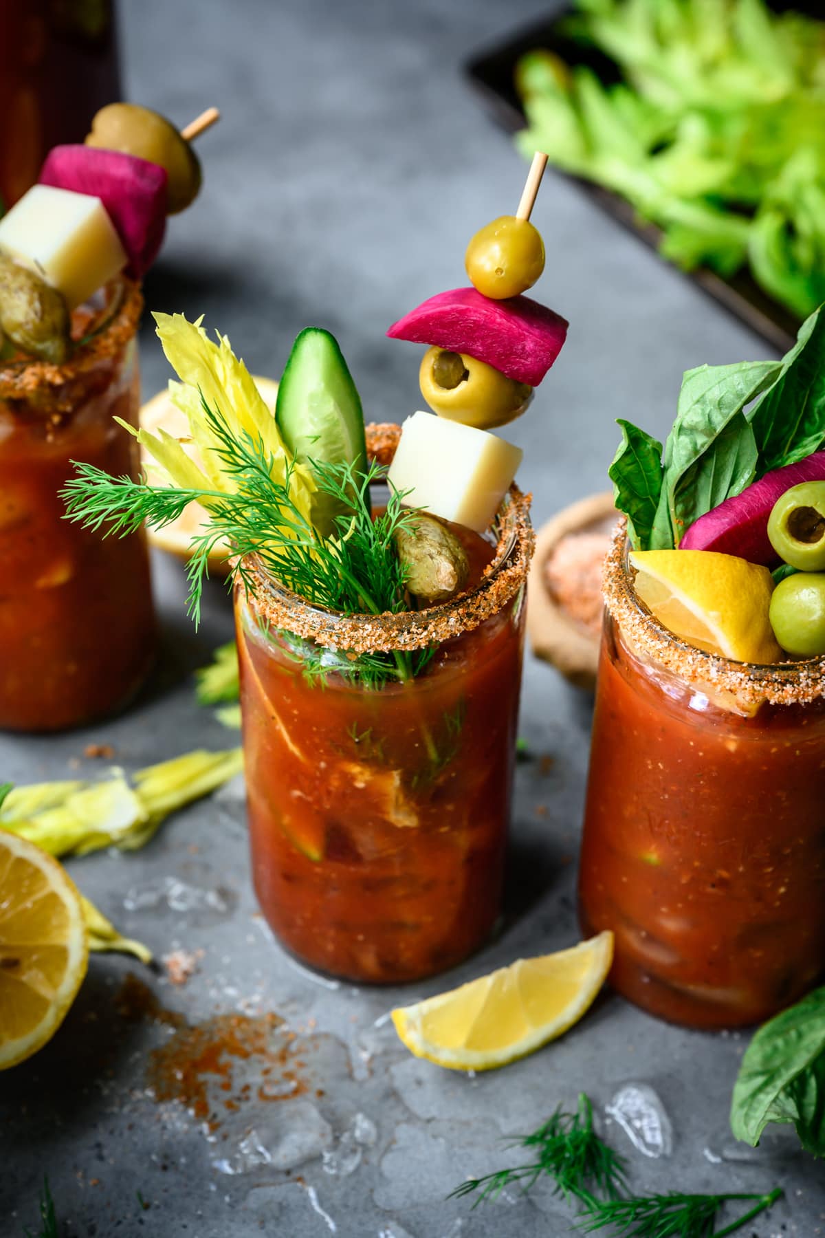 side view of bloody mary with garnishes