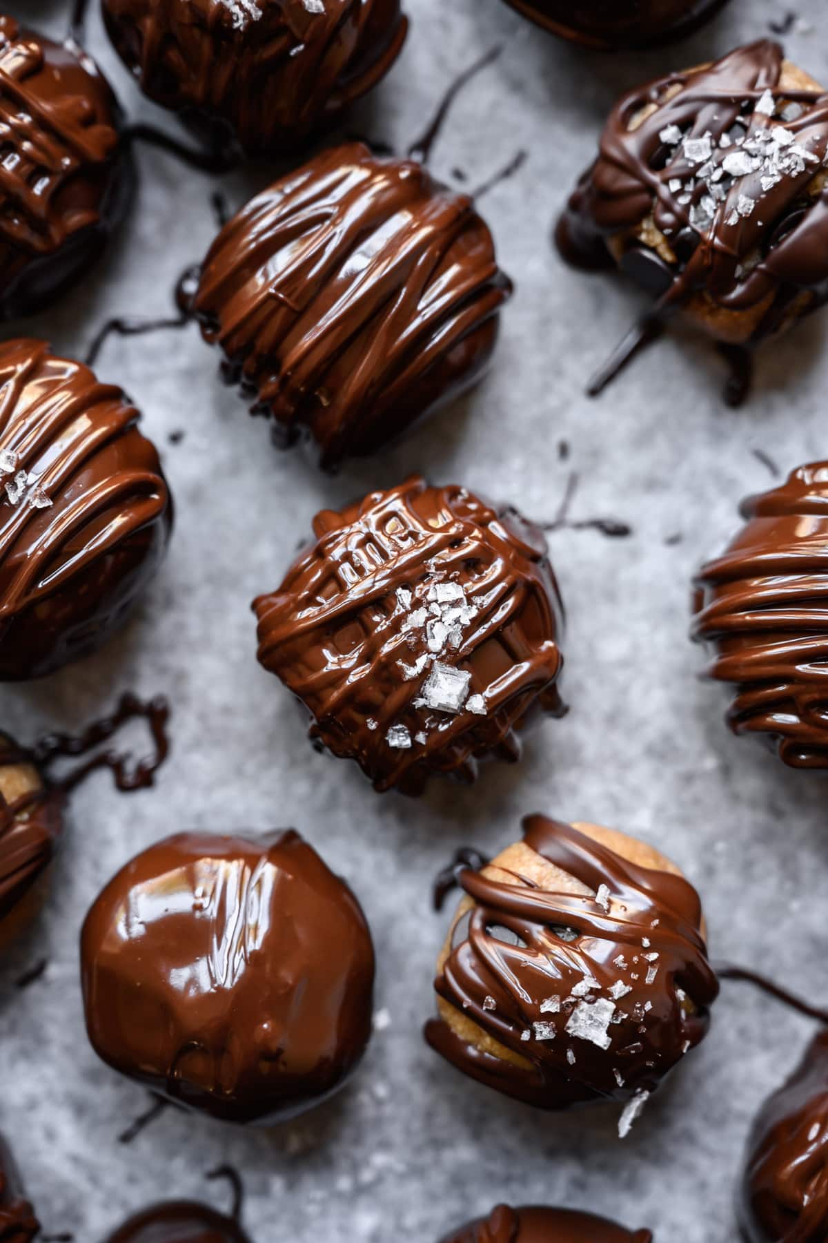 overhead view of vegan cookie dough bites covered in dark chocolate 