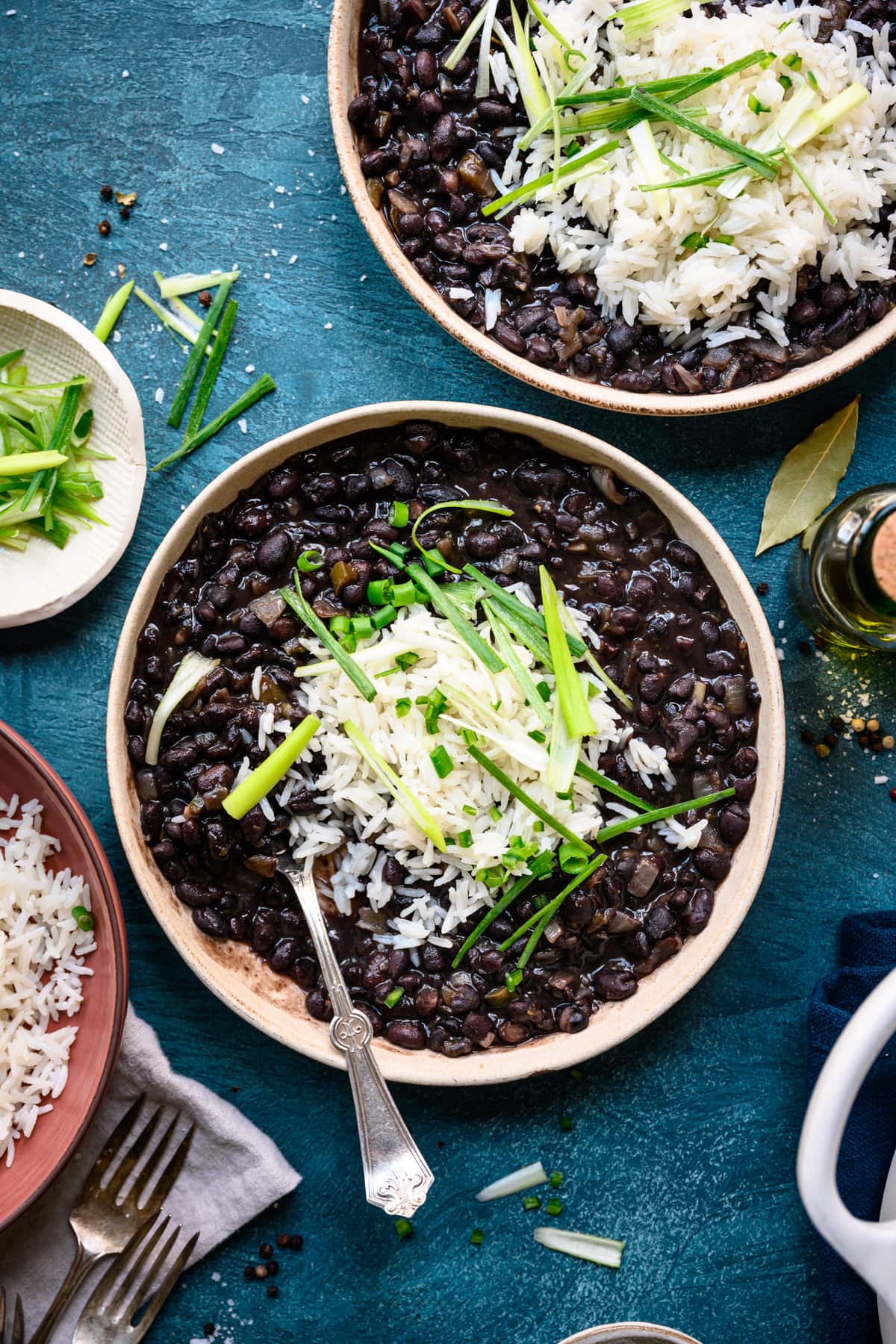 overhead view of vegan cuban black beans and rice in bowl