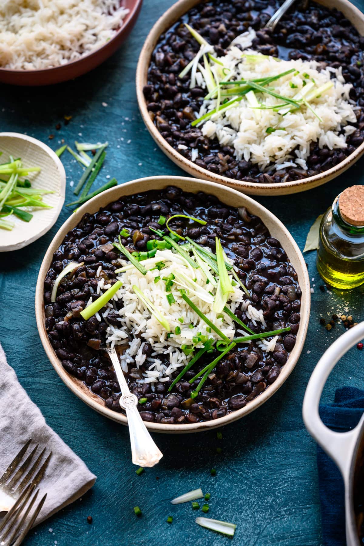 side view of cuban black beans in bowl with rice