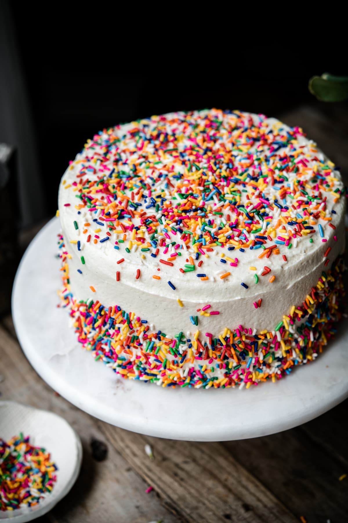 side view of vegan funfetti birthday cake with vanilla frosting