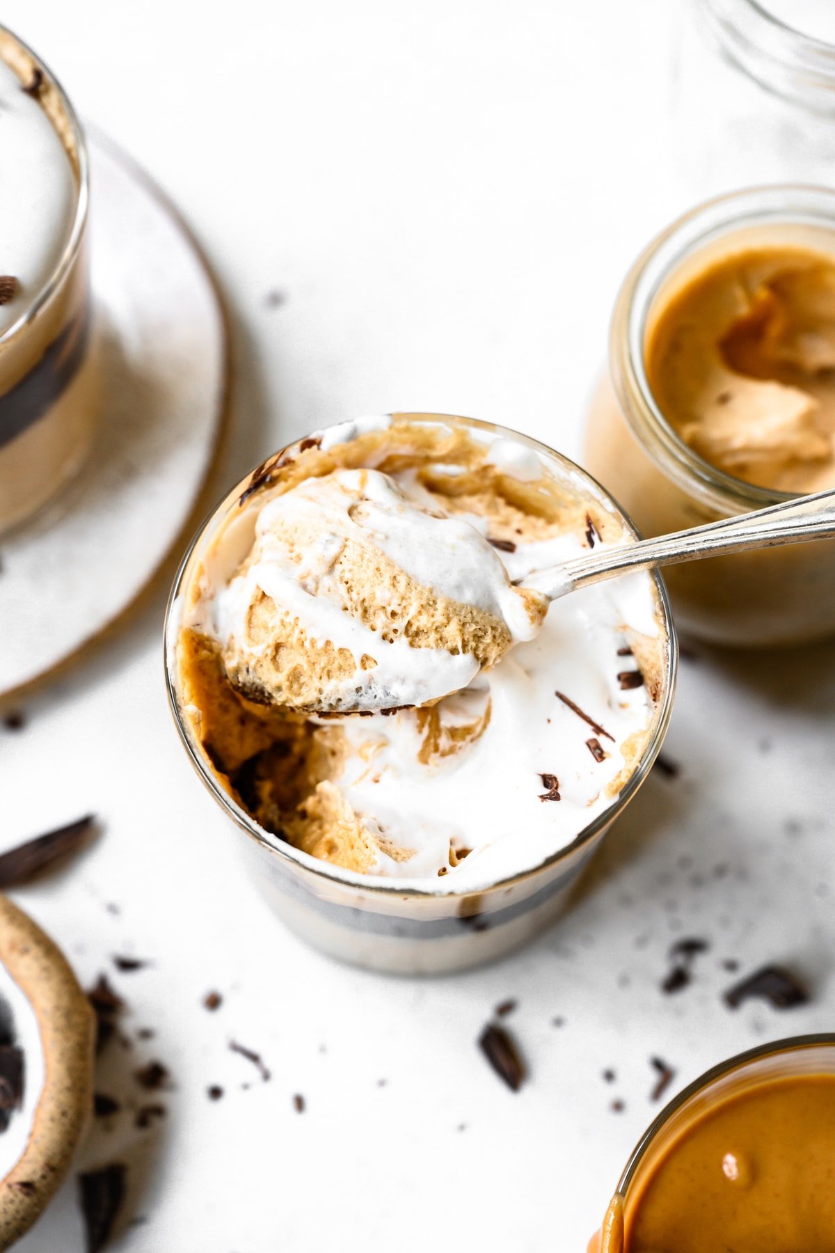 close up view of vegan peanut butter mousse on a spoon