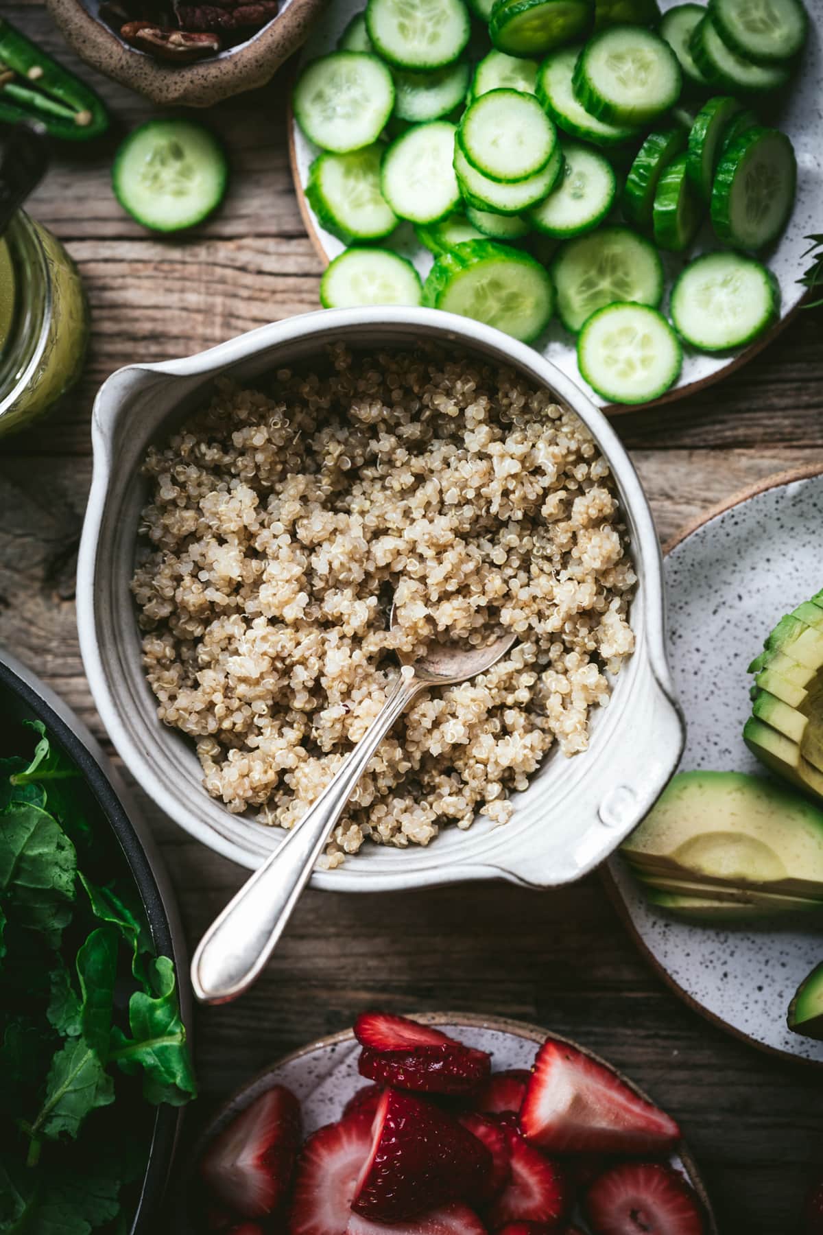 close up overhead view of quinoa in a small white bowl
