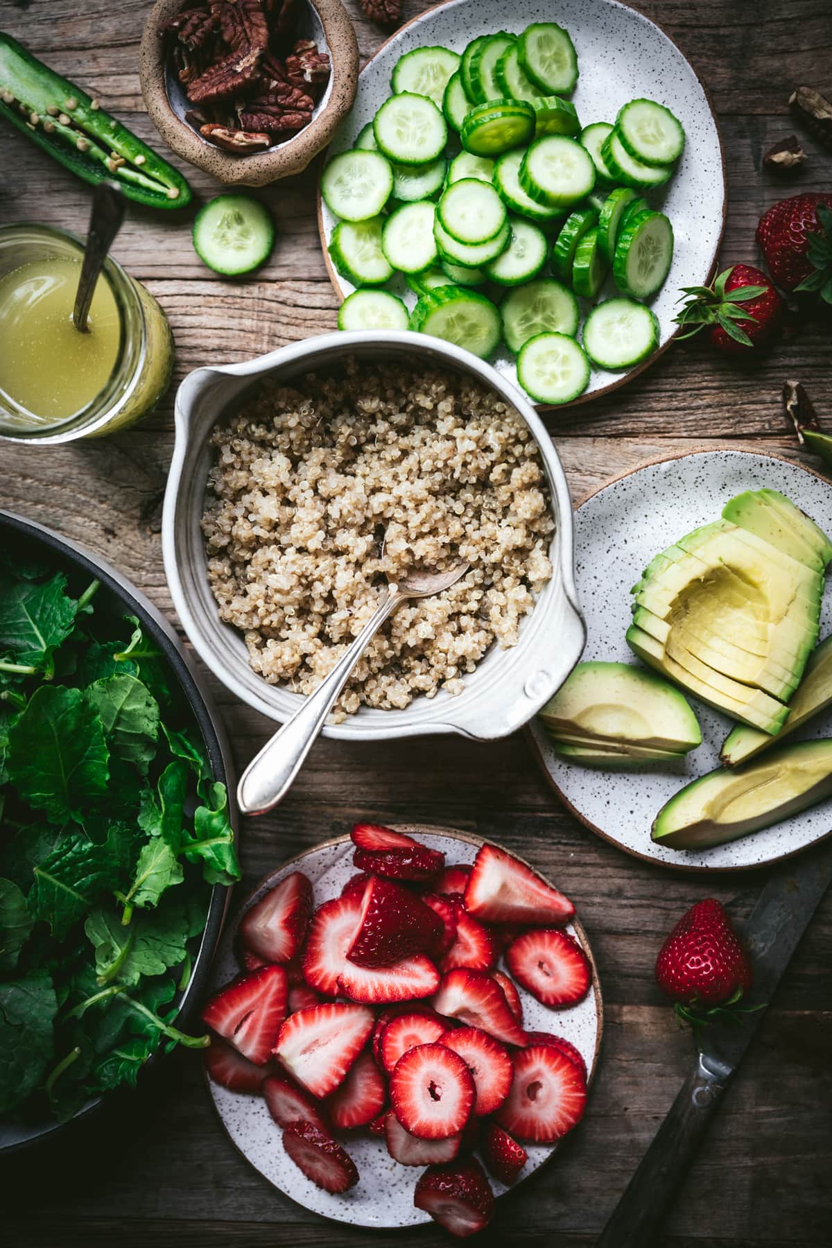 overhead view of ingredients for a summer quinoa salad