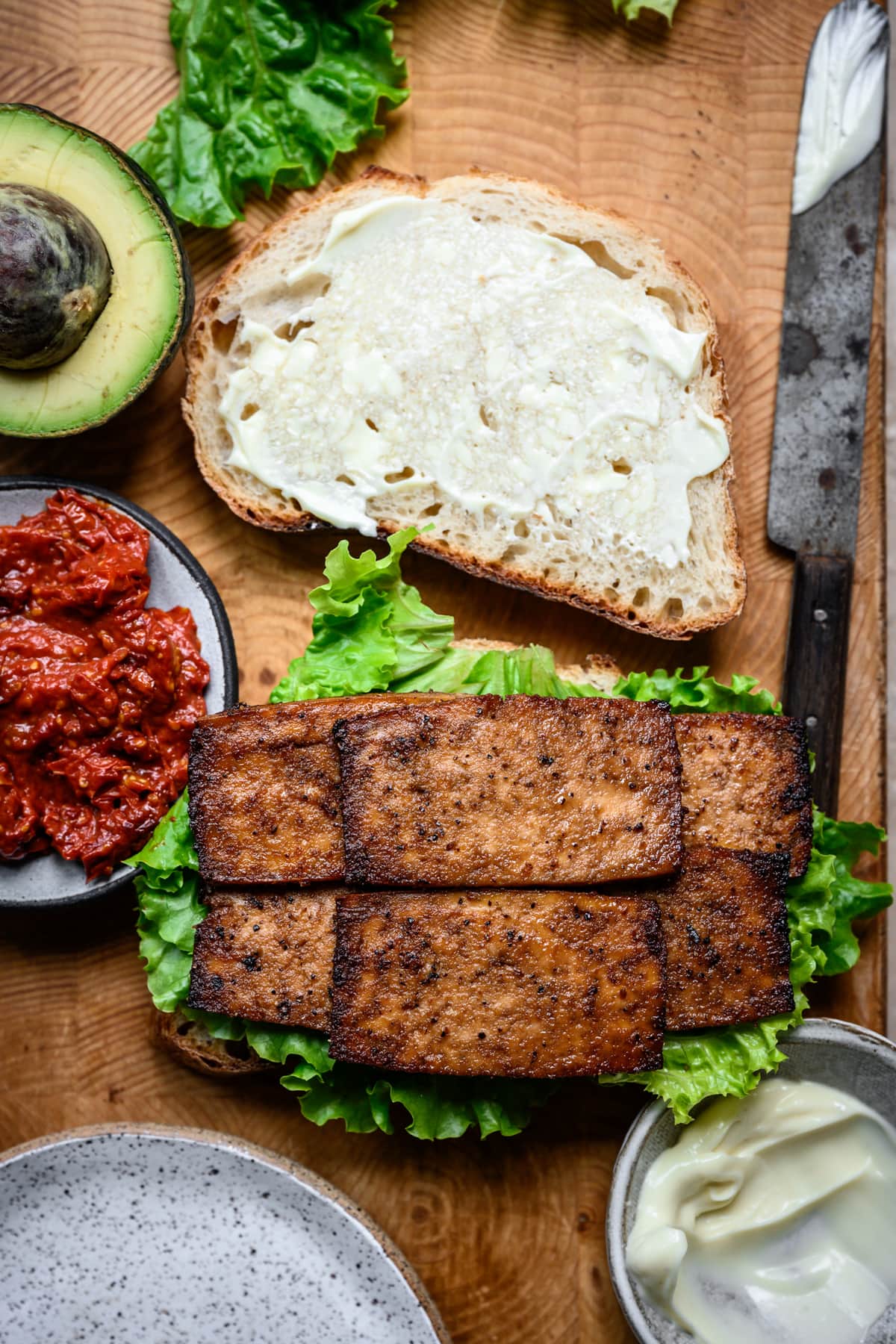 ingredients for vegan BLT sandwich with tofu bacon
