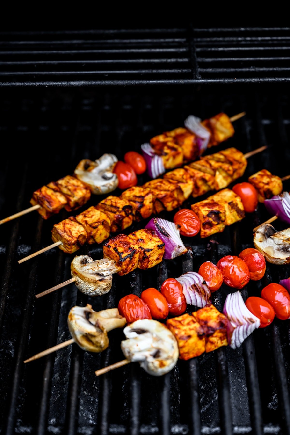 grilled tofu kebabs on the grill