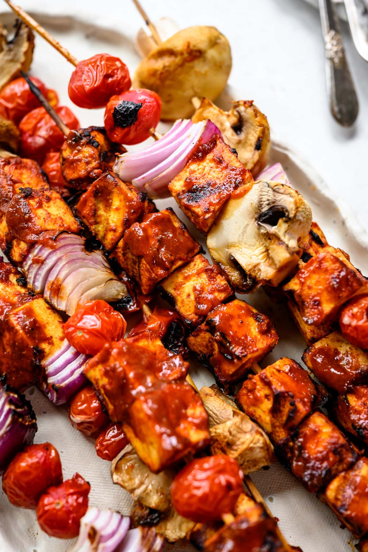 close up of vegan barbecue tofu kebabs