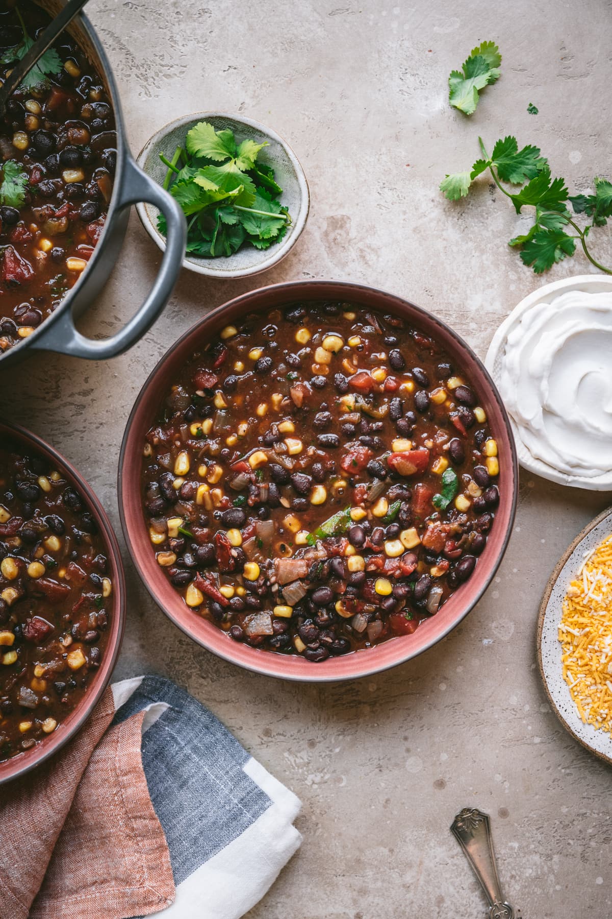 overhead view of vegan black bean tomato soup in bowl