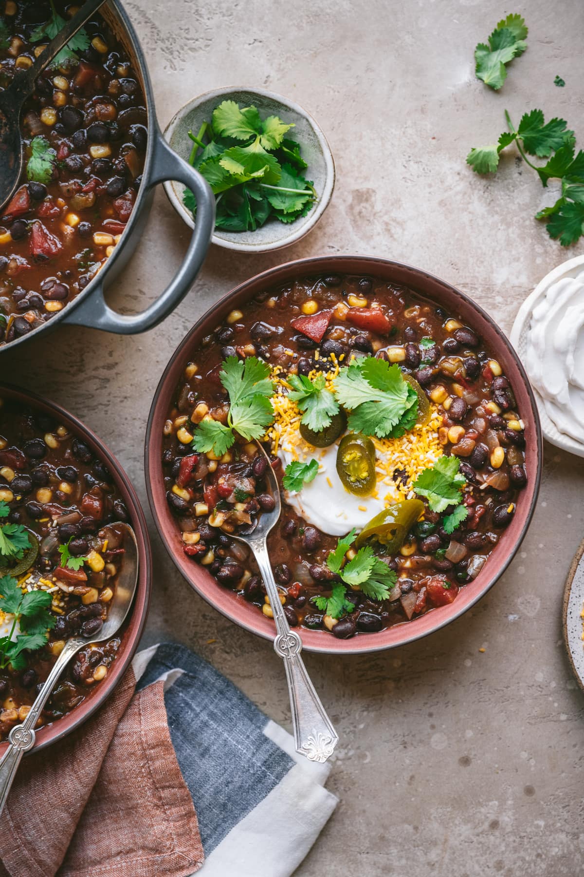 overhead view of vegan black bean tomato soup in bowl