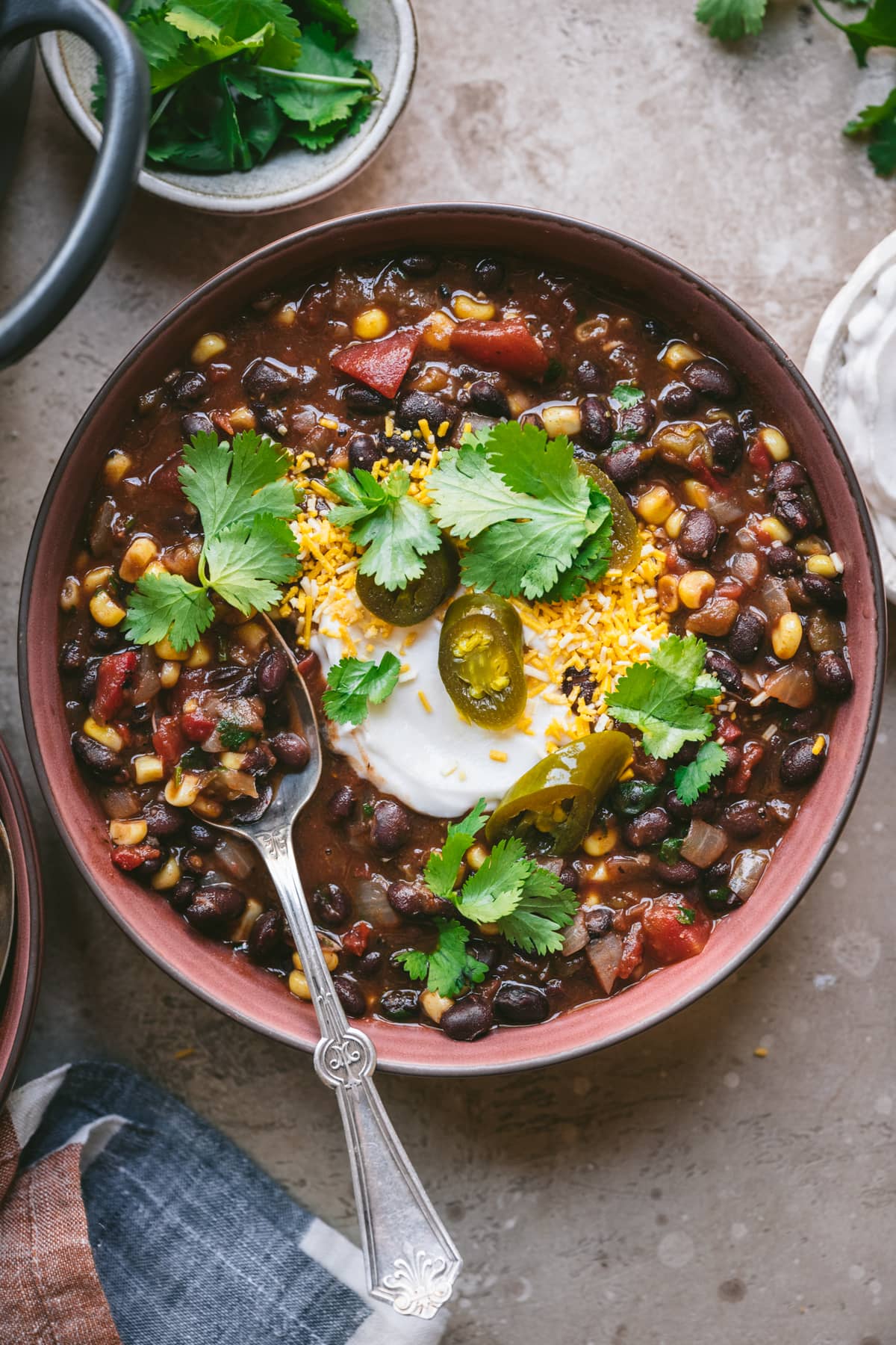 overhead view of vegan black bean tomato soup in bowl