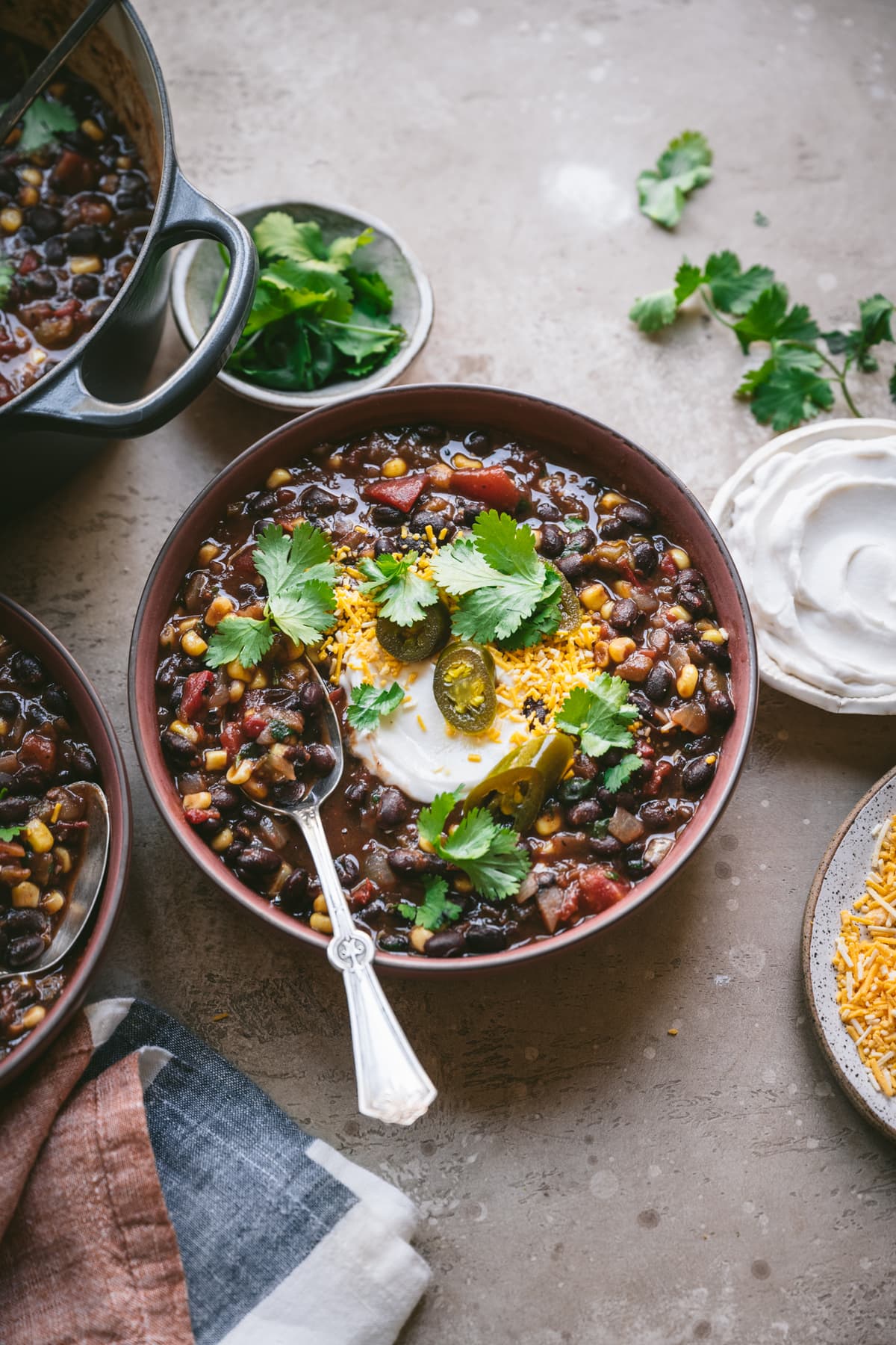 side view of vegan black bean soup in bowl