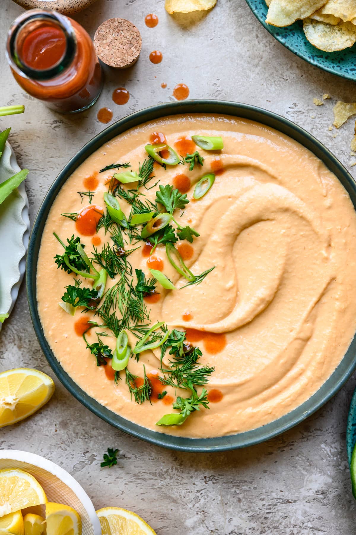 overhead view of vegan white bean dip