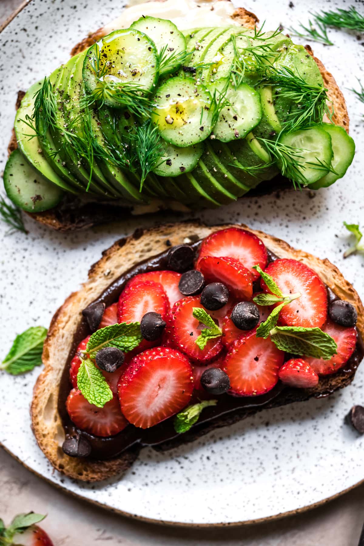 overhead view of sweet and savory toast with classic and chocolate tahini