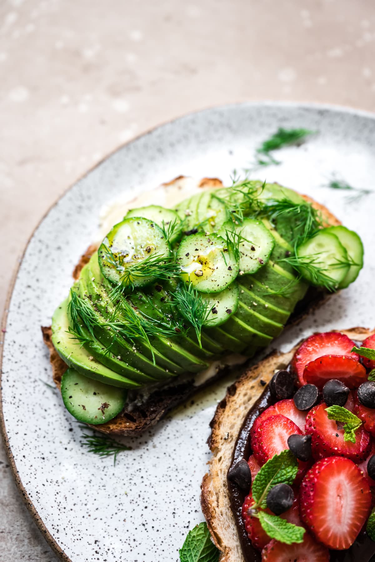 side view of tahini avocado toast on plate