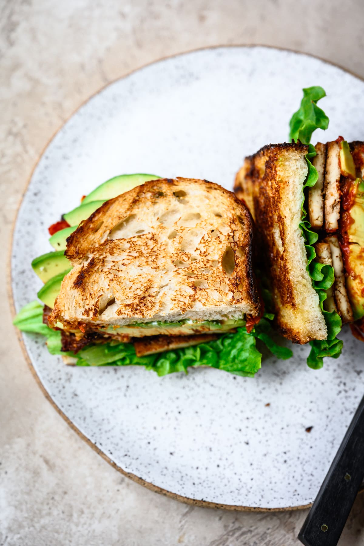 close up view of vegan BLT on sourdough