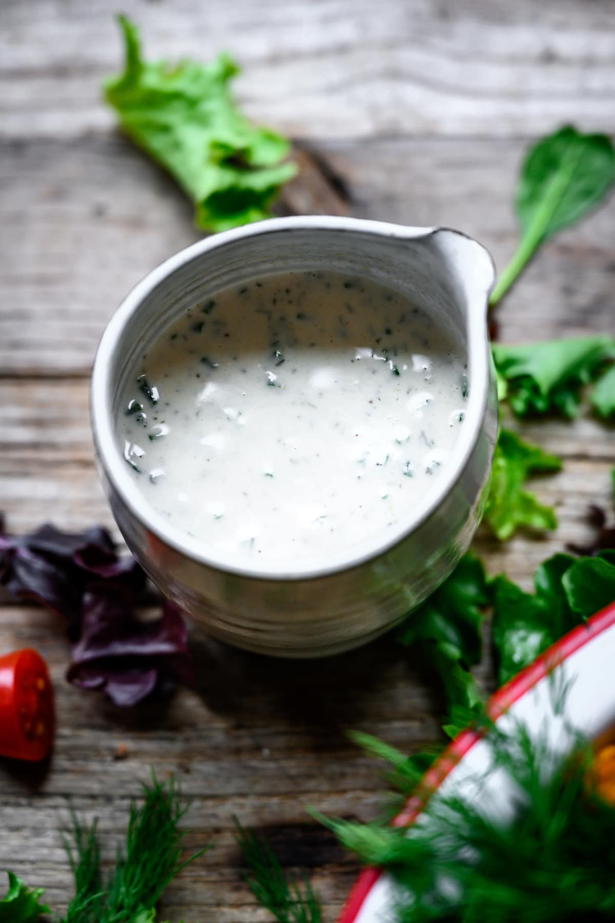 close up view of homemade vegan ranch in bowl