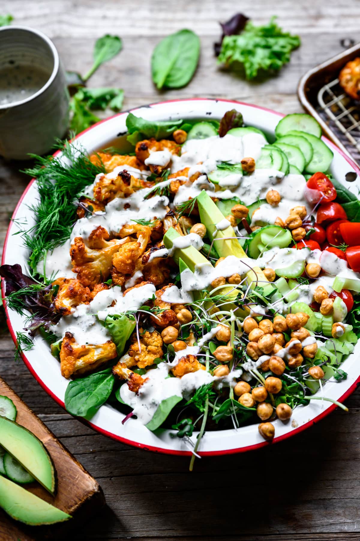 side view of buffalo cauliflower salad with ranch