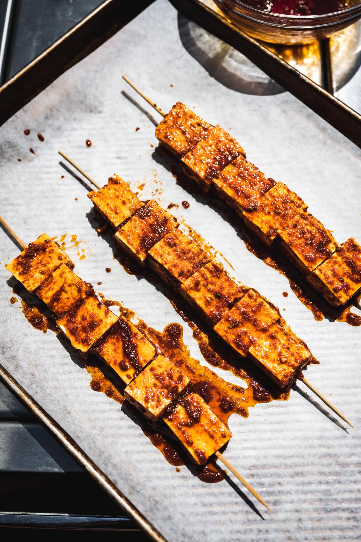 Moroccan spices tofu kebabs brushed with marinade
