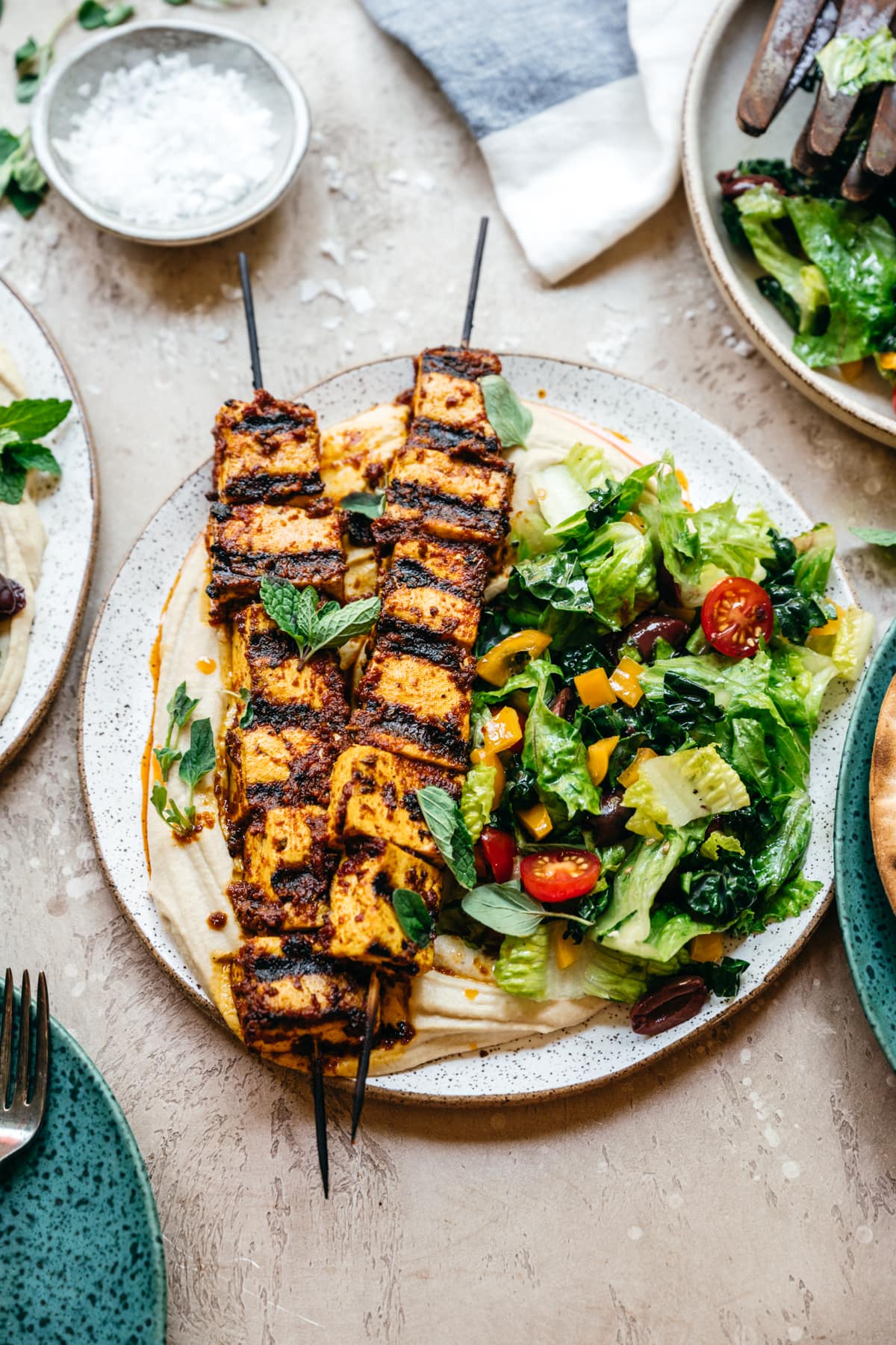 side view of Mediterranean grilled tofu kebabs