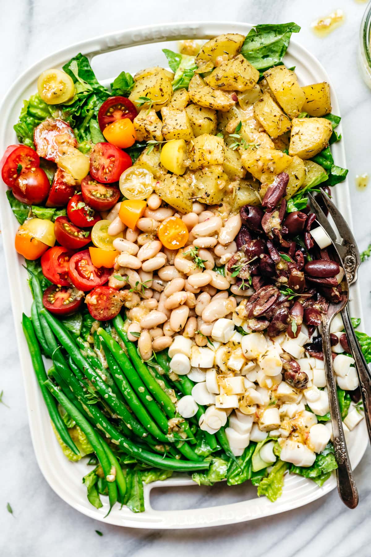 overhead view of a vegan nicoise salad 