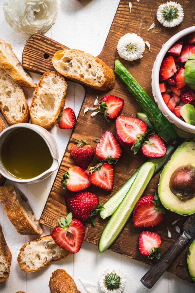 overhead view of ingredients for summer crostini