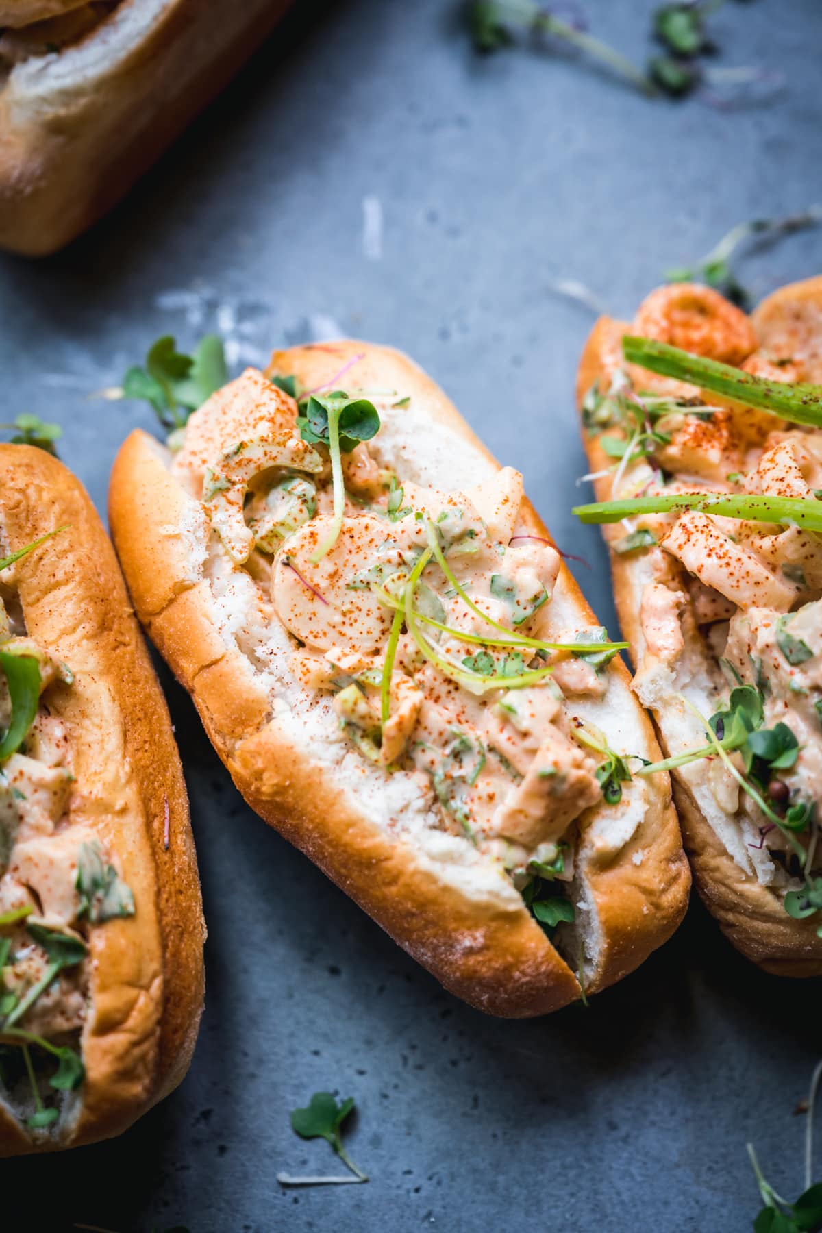 close up view of vegan lobster rolls