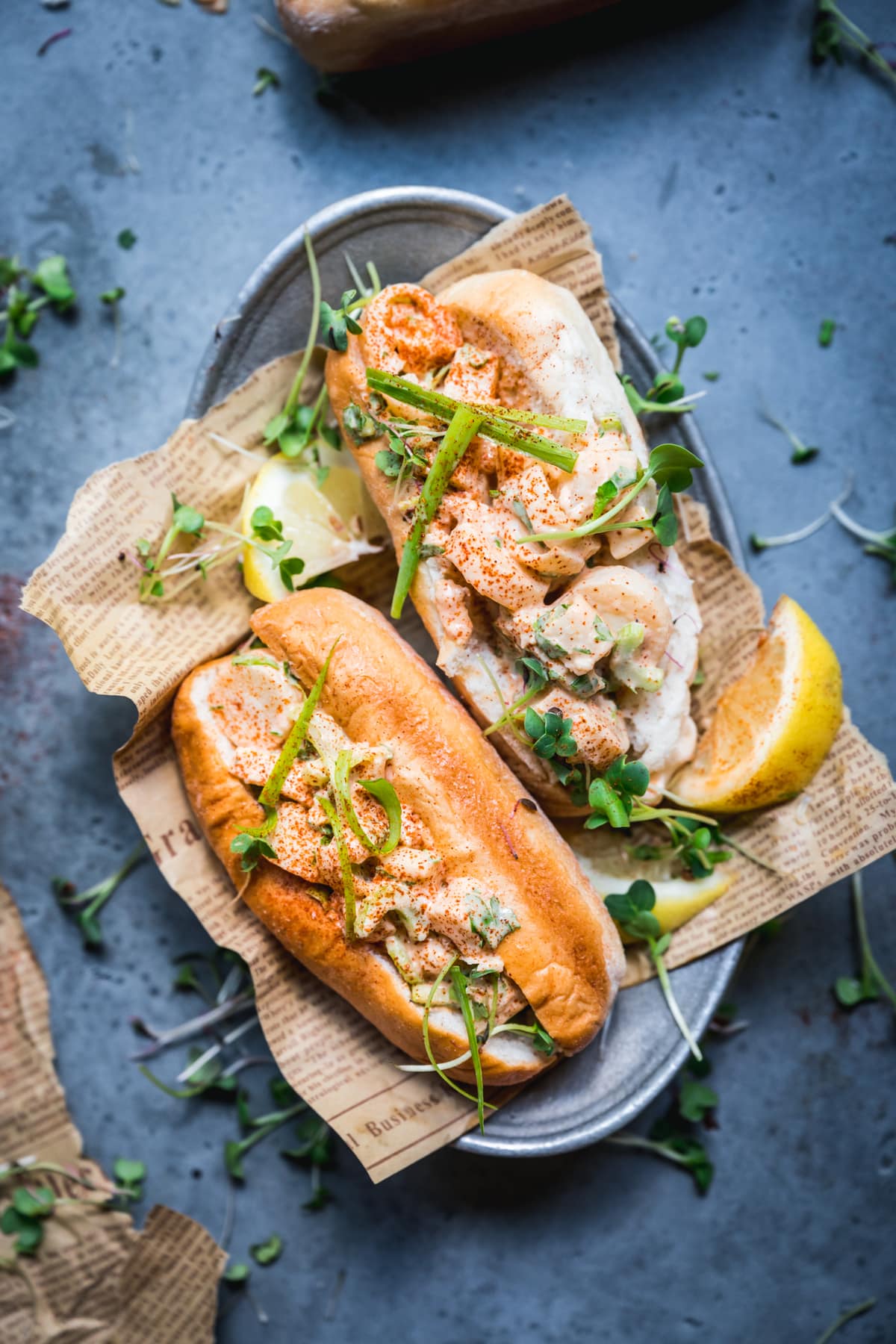 overhead view of two vegan lobster rolls made with hearts of palm