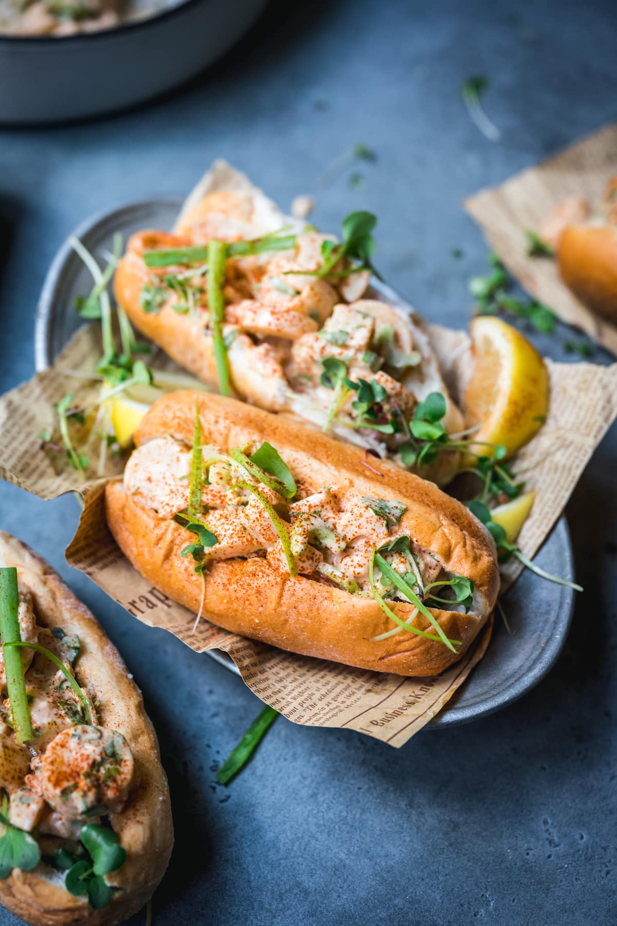 side view of vegan lobster rolls made with hearts of palm