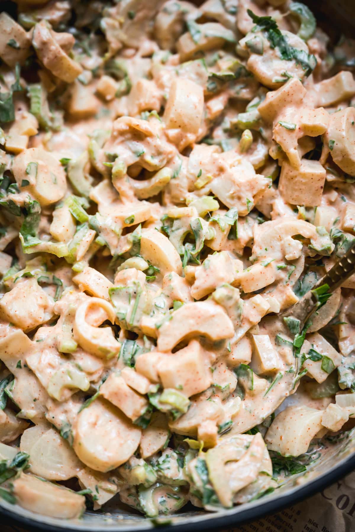 close up view of vegan lobster roll mixture