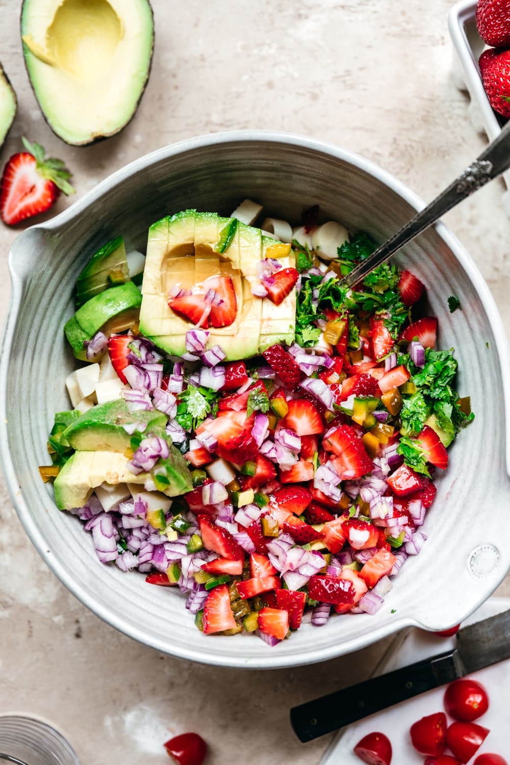 overhead view of vegan ceviche in a mixing bowl