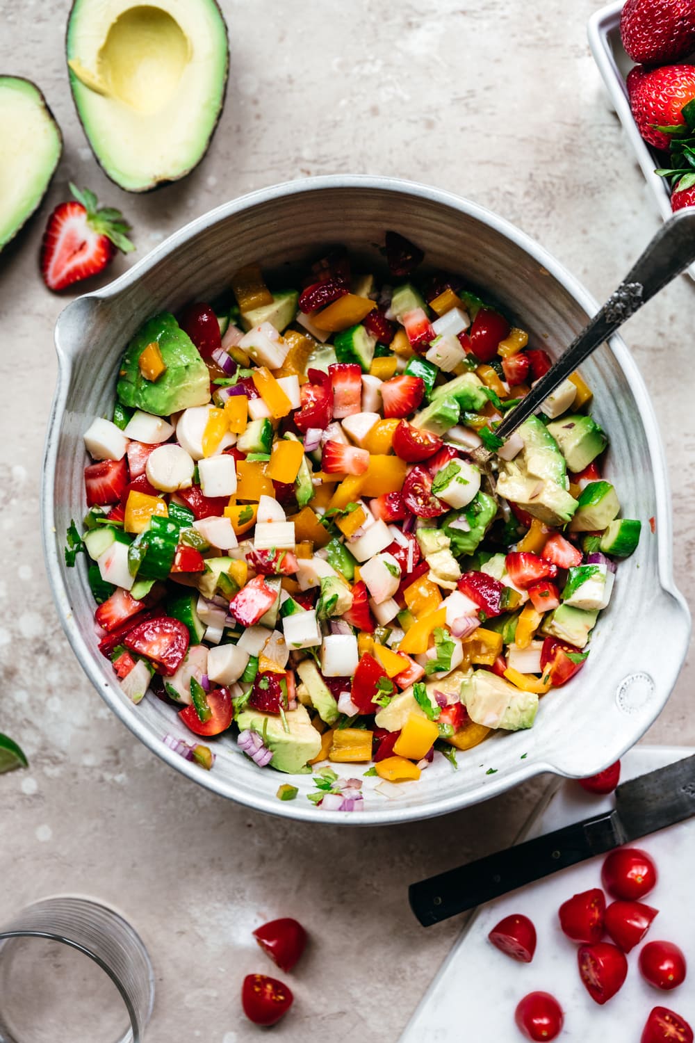 overhead view of vegan ceviche in a mixing bowl