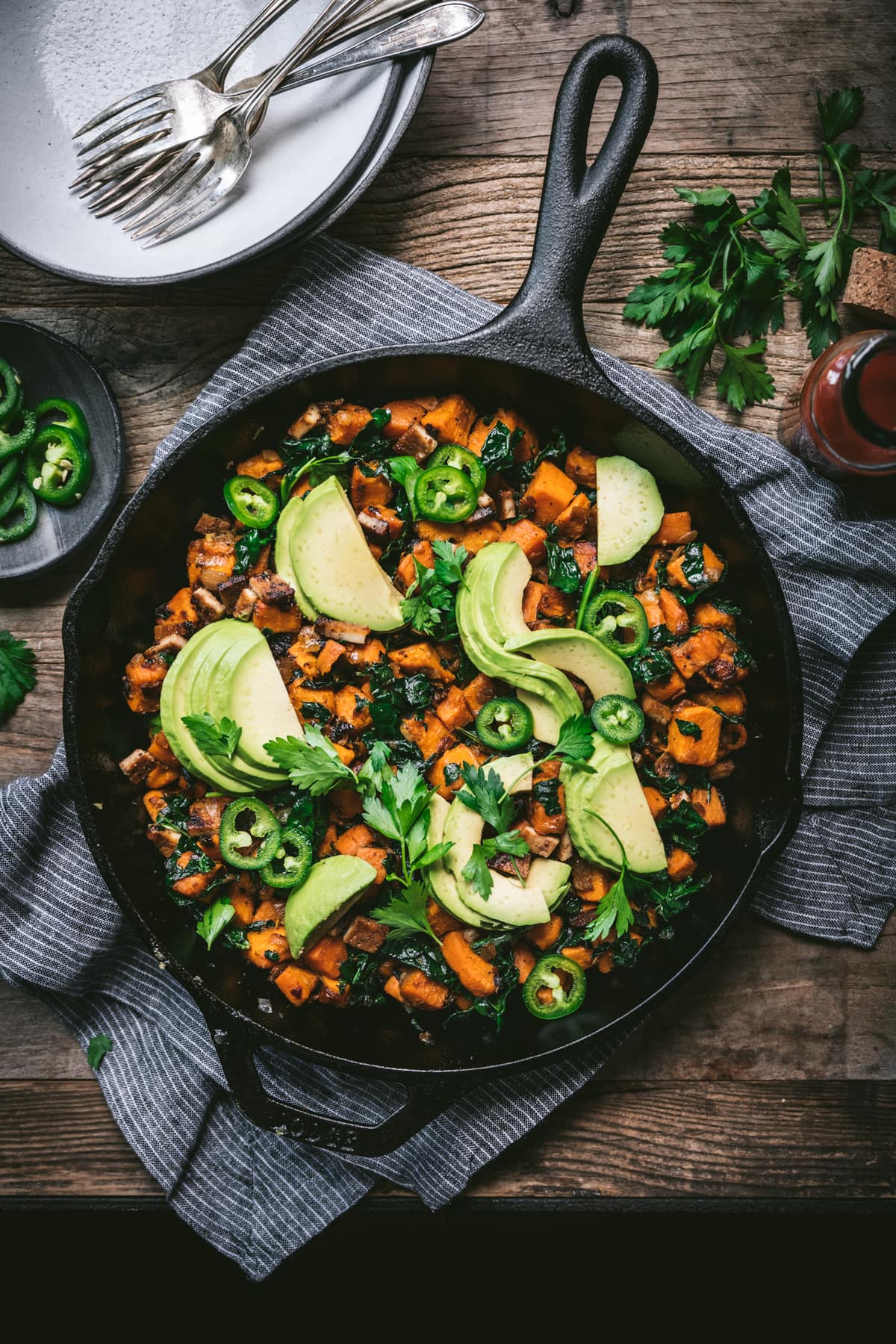 overhead view of vegan sweet potato breakfast hash in skillet