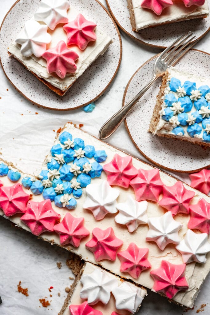 overhead view of slices of vegan flag cake for july 4th