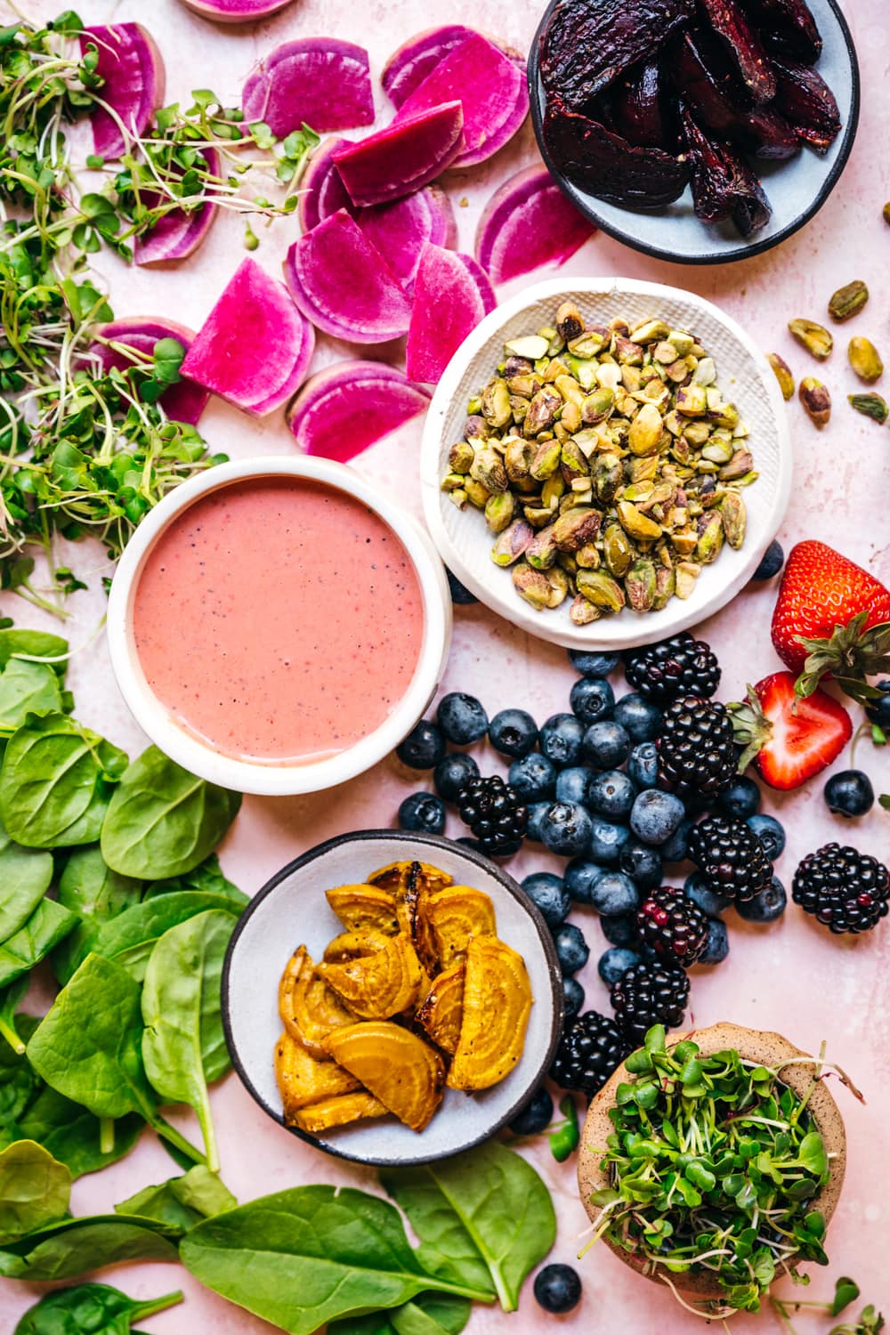 overhead view of ingredients for roasted beet berry salad