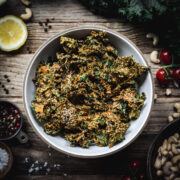 overhead view of cheesy vegan kale chips