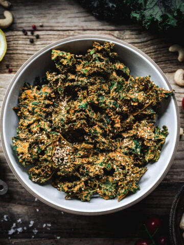 overhead view of cheesy vegan kale chips