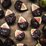 overhead view of dark chocolate dipped figs