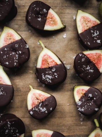 overhead view of dark chocolate dipped figs