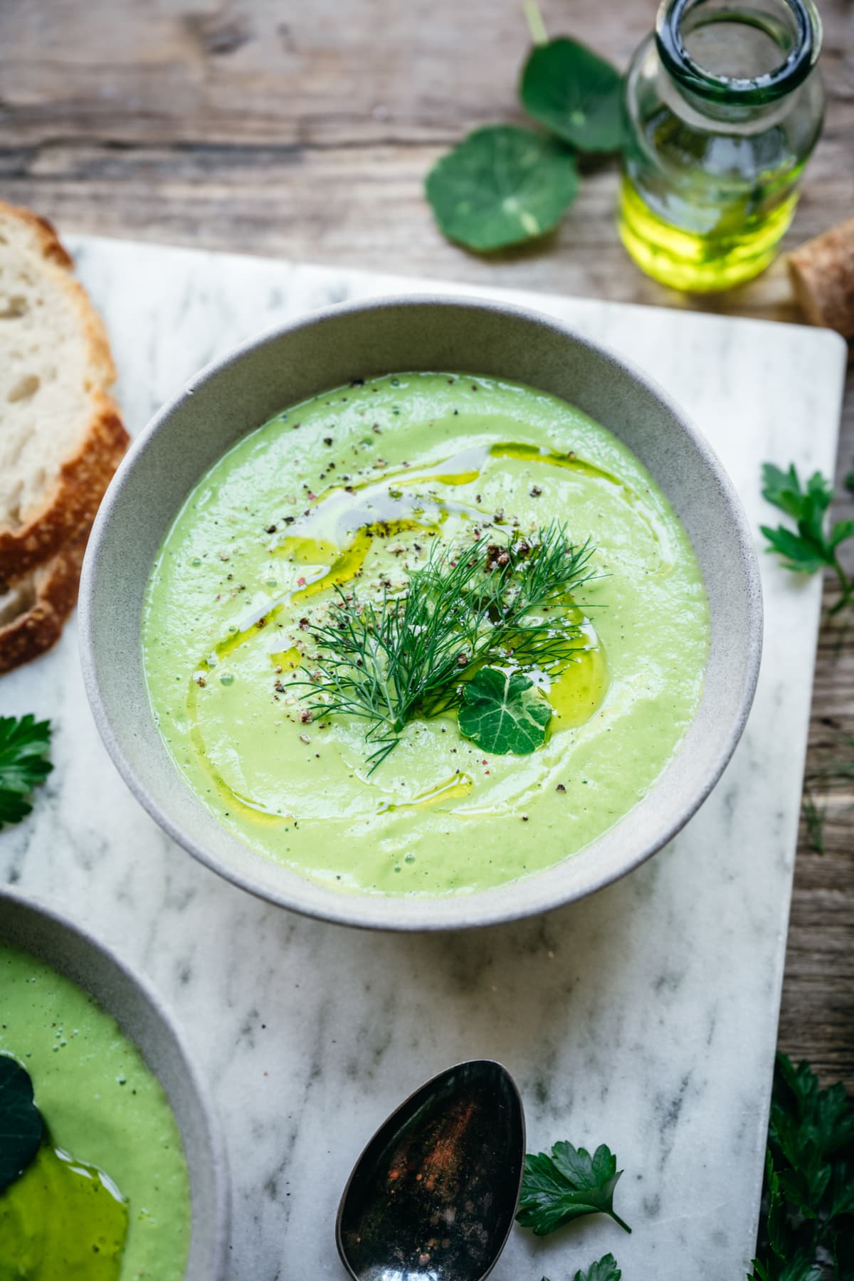 close up view of vegan vegetable gazpacho in bowl