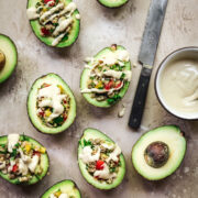 overhead view of avocados with quinoa filling