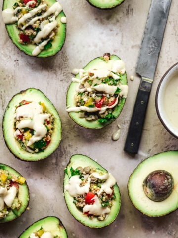 overhead view of avocados with quinoa filling