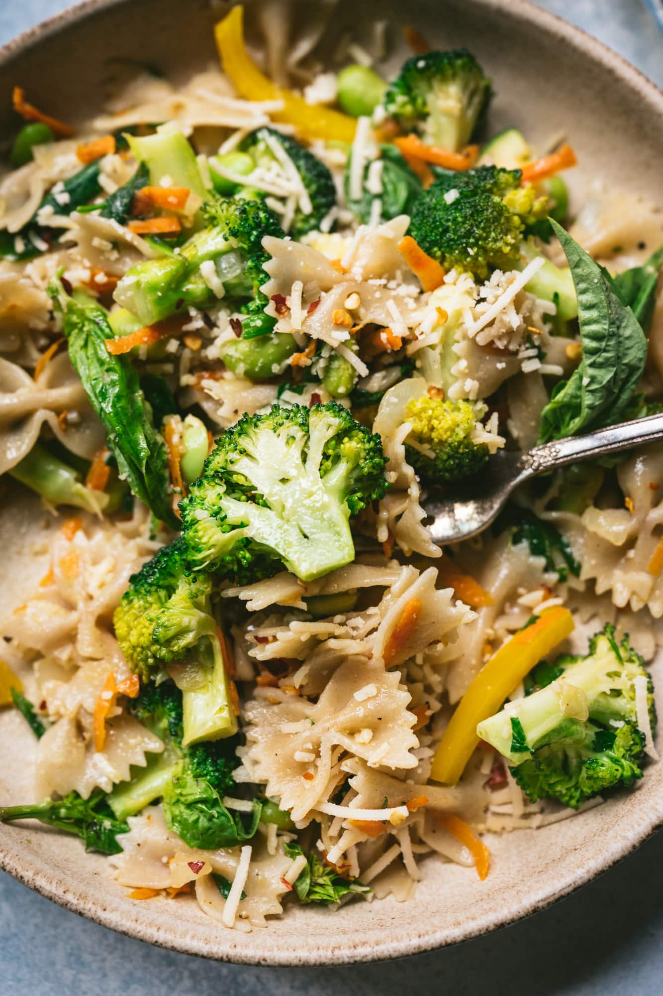 overhead view of vegan pasta primavera in a bowl with fork 