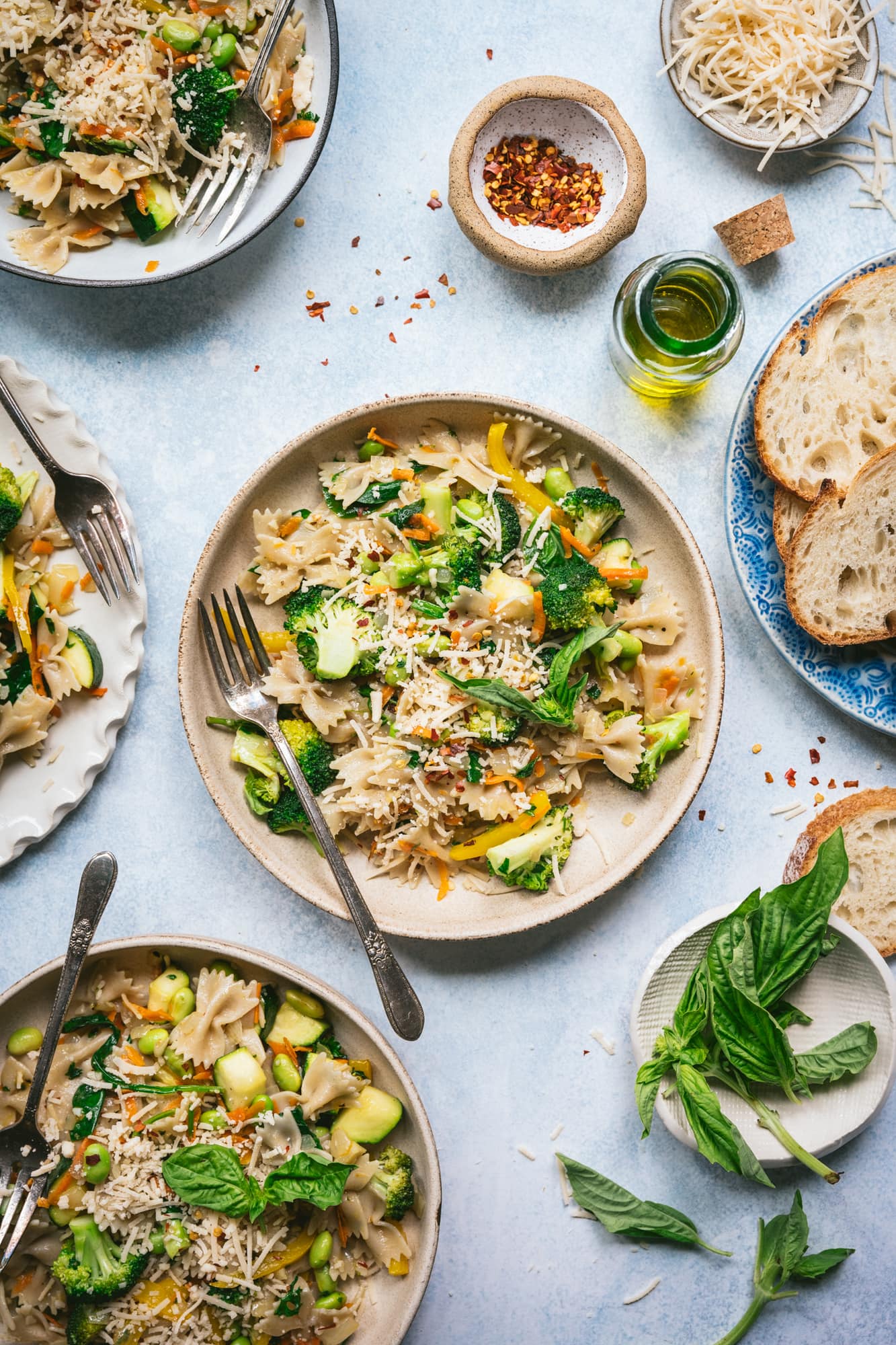 overhead view of vegan pasta primavera