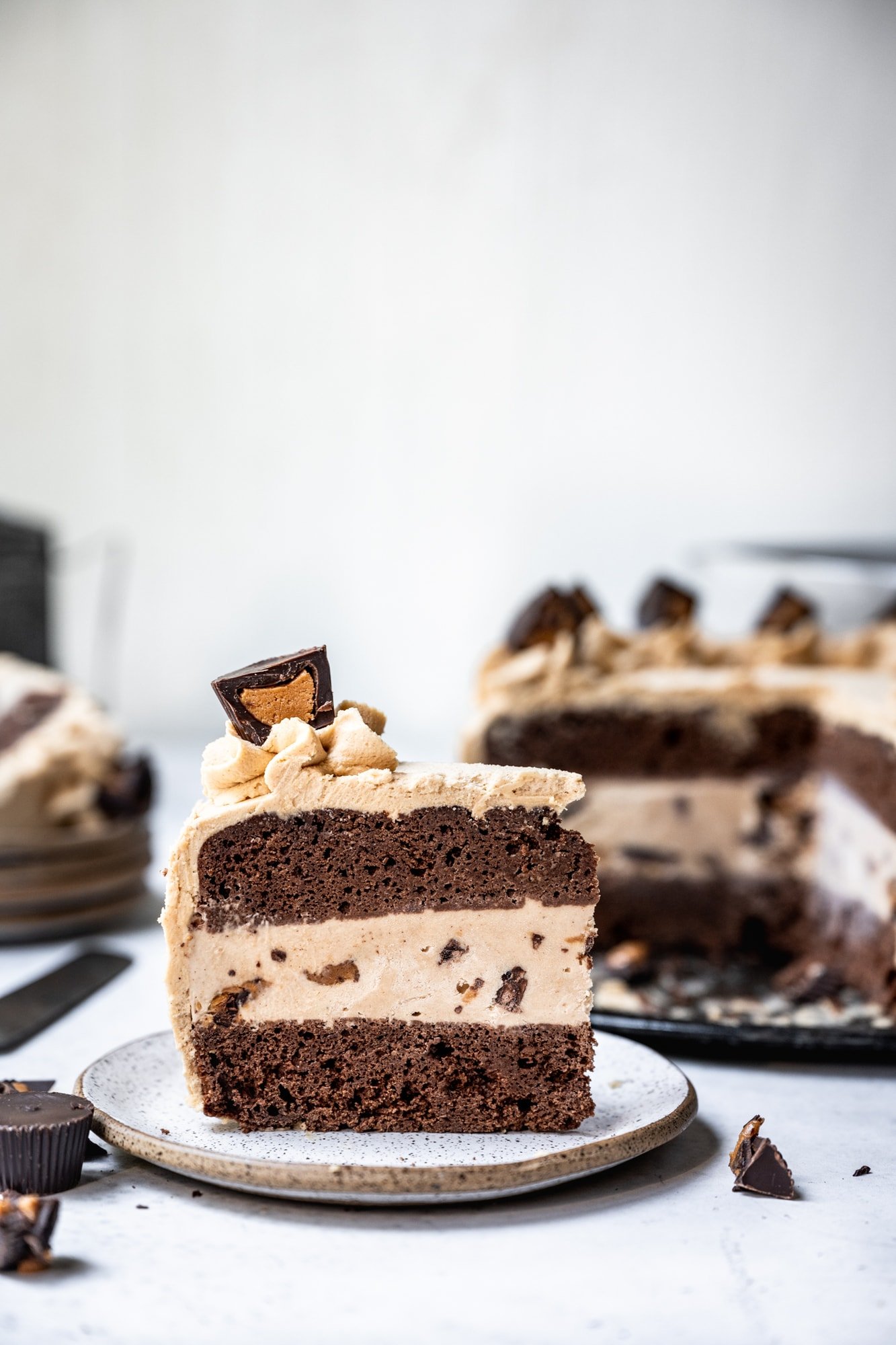 side view of slice of vegan chocolate peanut butter ice cream cake on plate