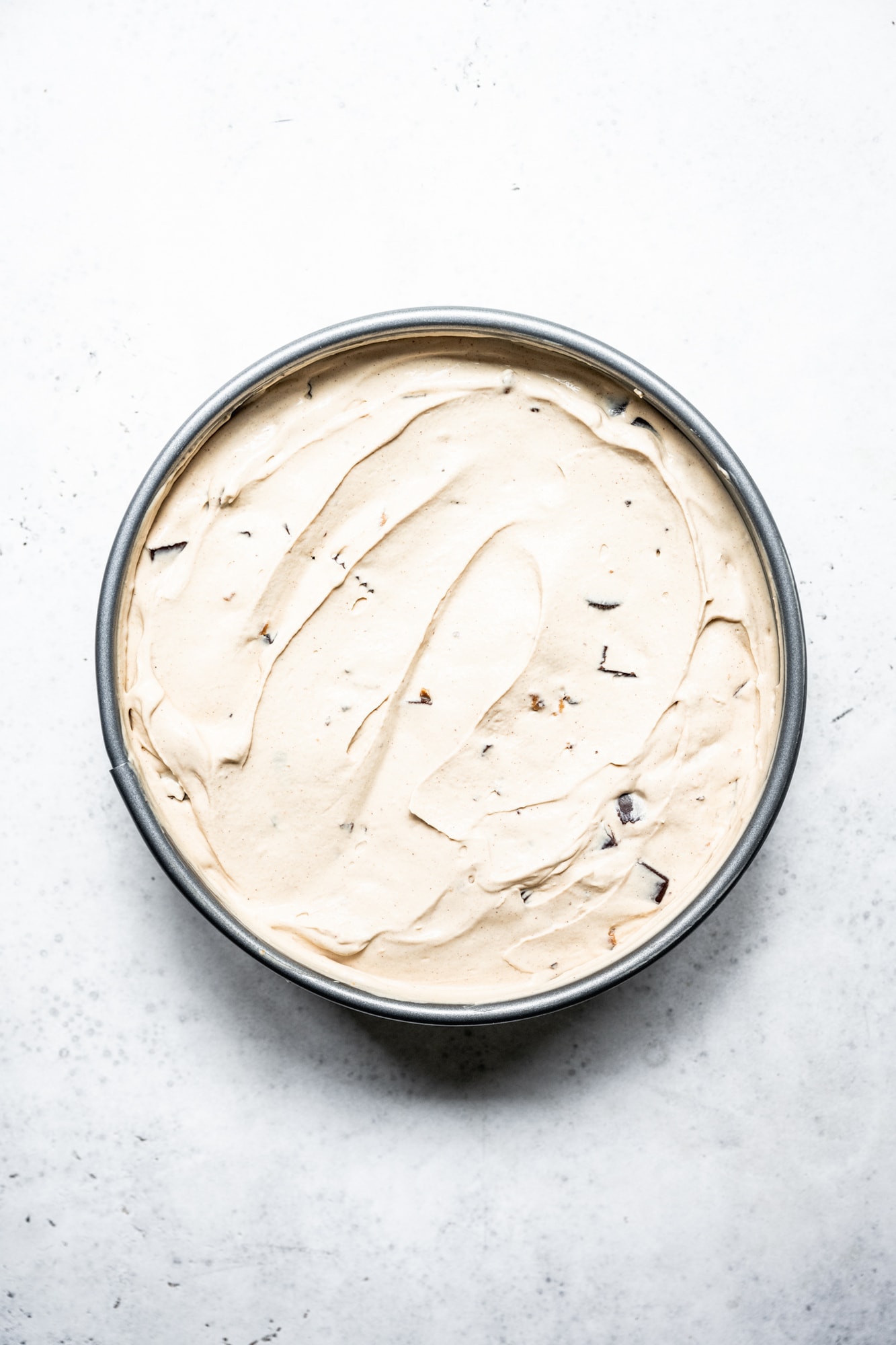 overhead view of peanut butter ice cream in cake pan