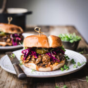 side view of pulled mushroom bbq sandwich