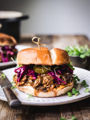 side view of pulled mushroom bbq sandwich