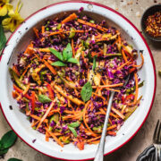 overhead view of Rainbow Vegetable Summer Slaw in bowl