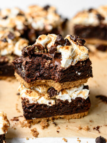 side view of two s'mores brownies stacked